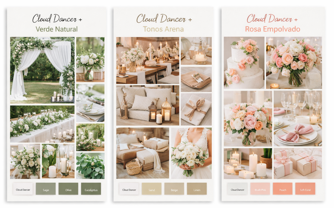3 paletas de color combinadas con Cloud Dancer para bodas en fincas 2026