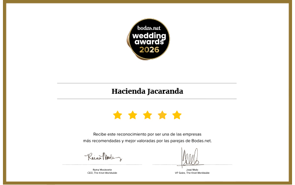 Hacienda Jacaranda galardonada con el Wedding Award 2026 de Bodas.net como uno de los mejores lugares para celebrar vuestra boda.